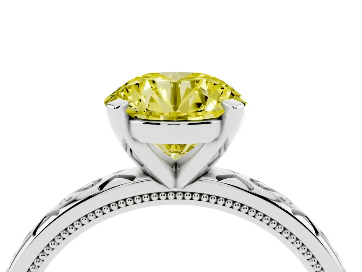 Fancy Yellow Round Cut Solitaire Engagement Ring with Scrollwork Band and Four-Prong Setting Silver