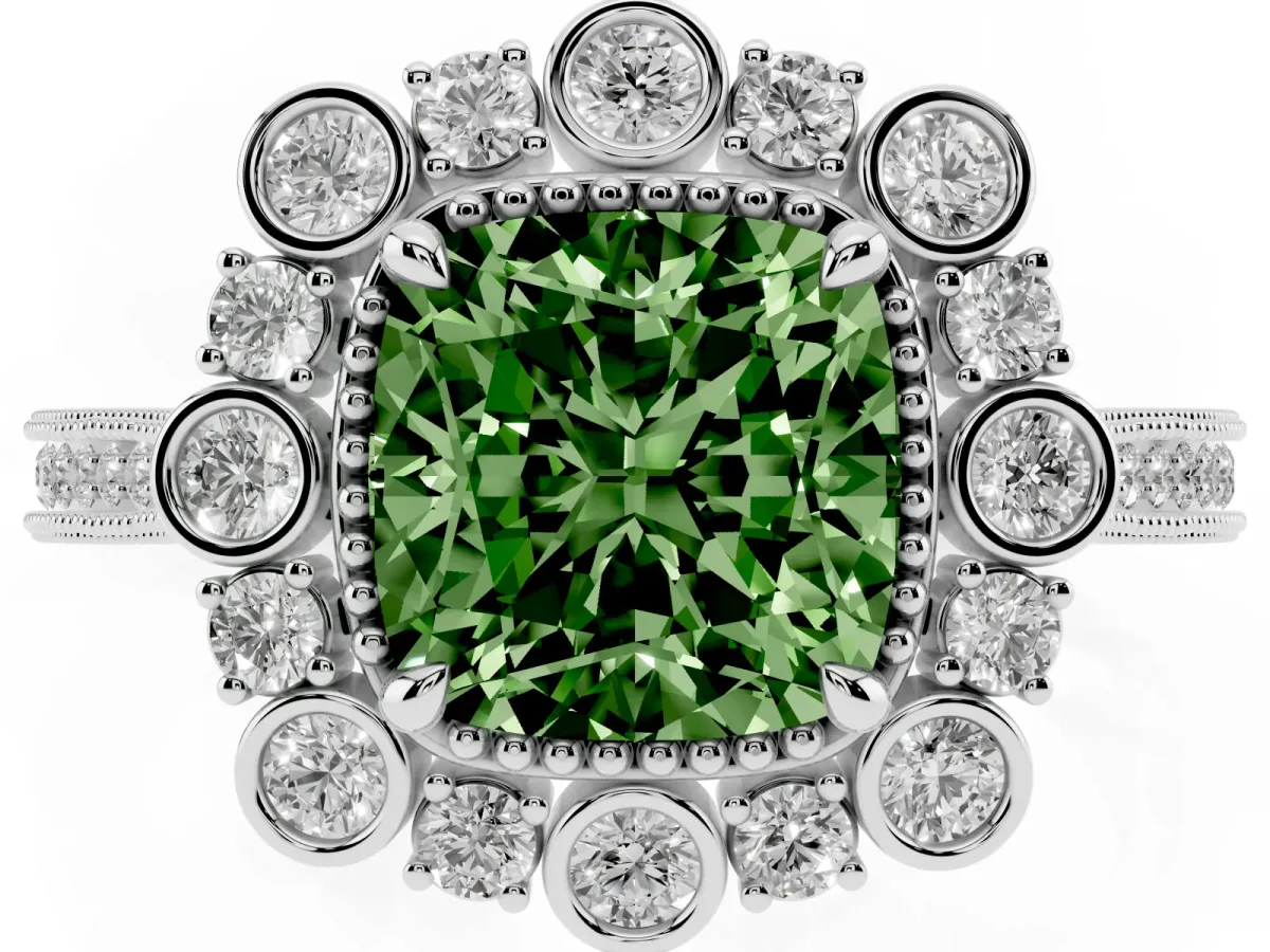 Fancy Green Cushion Cut Halo Milgrain Pave Diamond Ring with Four-Prong Setting Silver