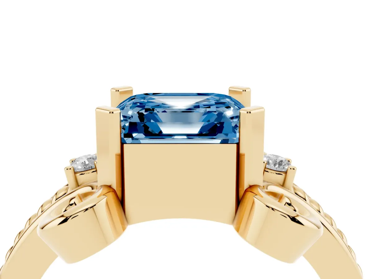 Fancy Blue Asscher Cut Solitaire Twisted Band Scroll Prong Ring Yellow gold