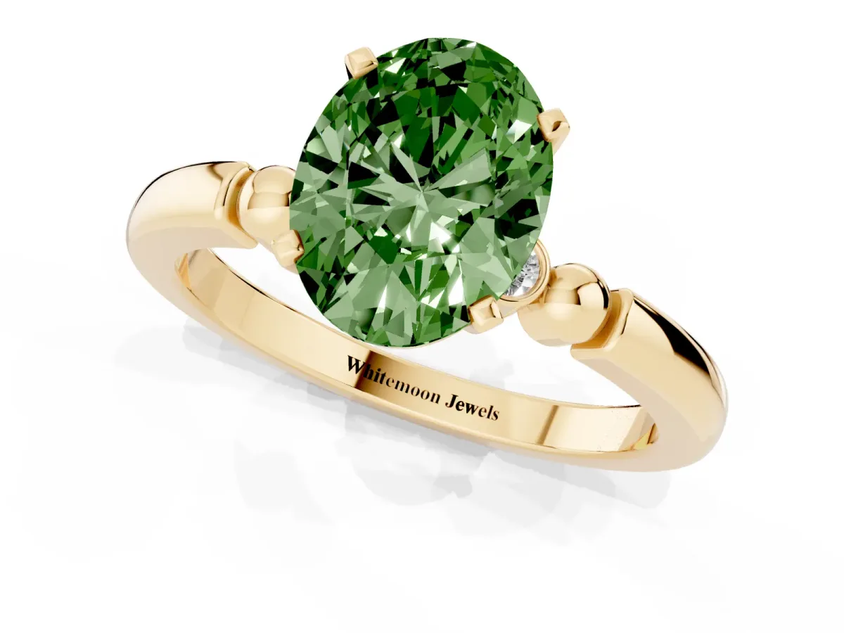 Fancy Green Oval Cut Solitaire Beaded Band with Four-Prong Setting Yellow gold