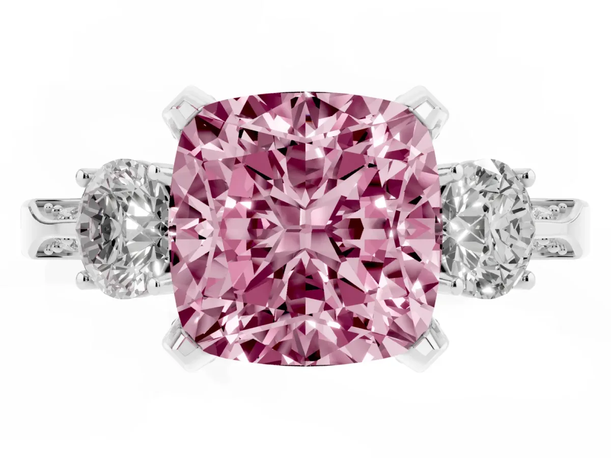 Fancy Pink Cushion Cut Brilliant Three-Stone Diamond Ring with Pavé Band and Four-Prong Setting Platinum