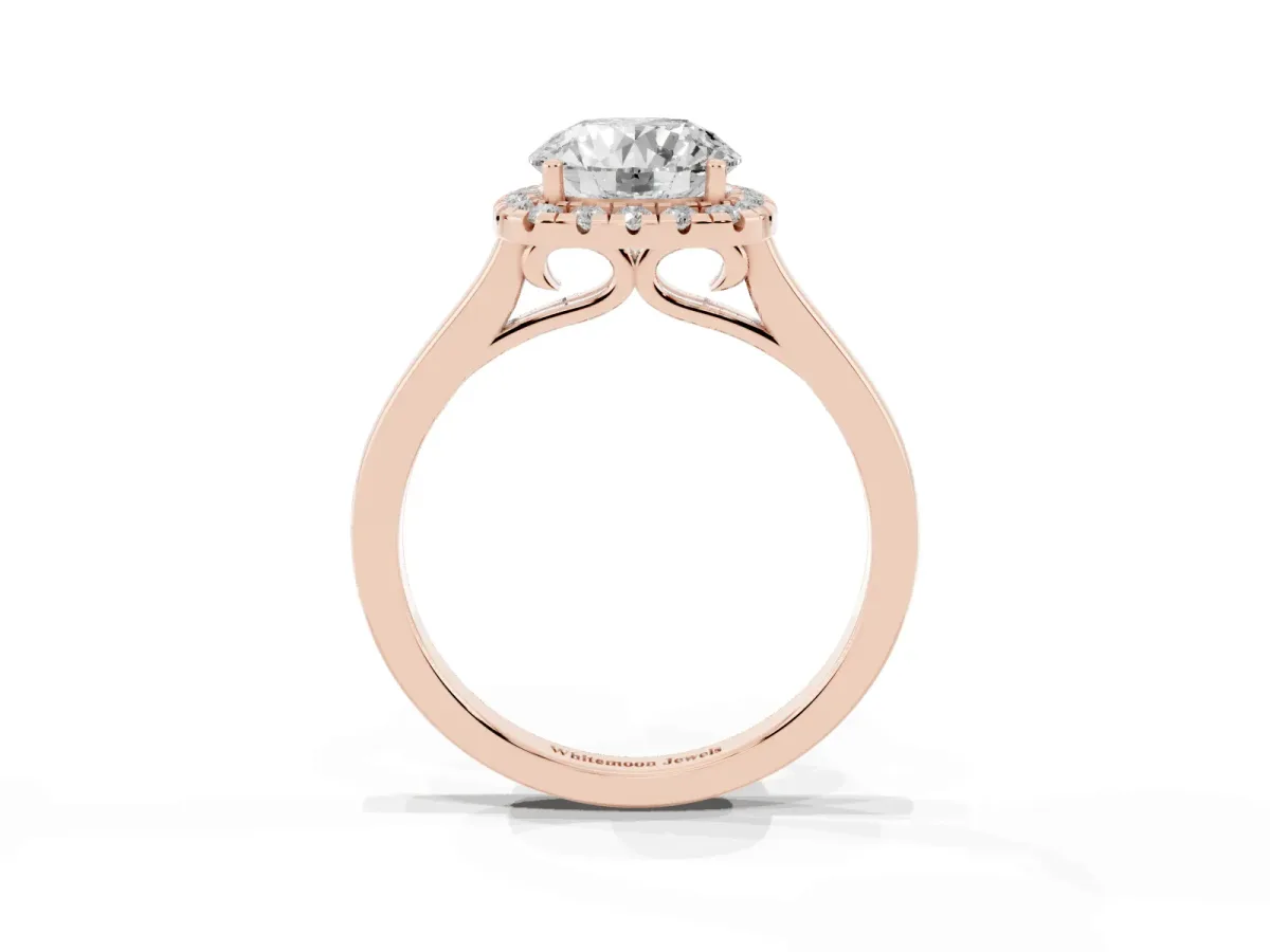 Round Cut Halo Round Diamond Solitaire Ring with Pavé Band and Four-Prong Setting Rose gold