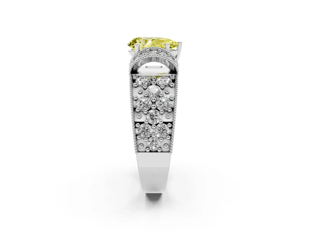 Fancy Yellow Pear Cut Halo Pave Diamond Engagement Ring with Milgrain Detailing Silver
