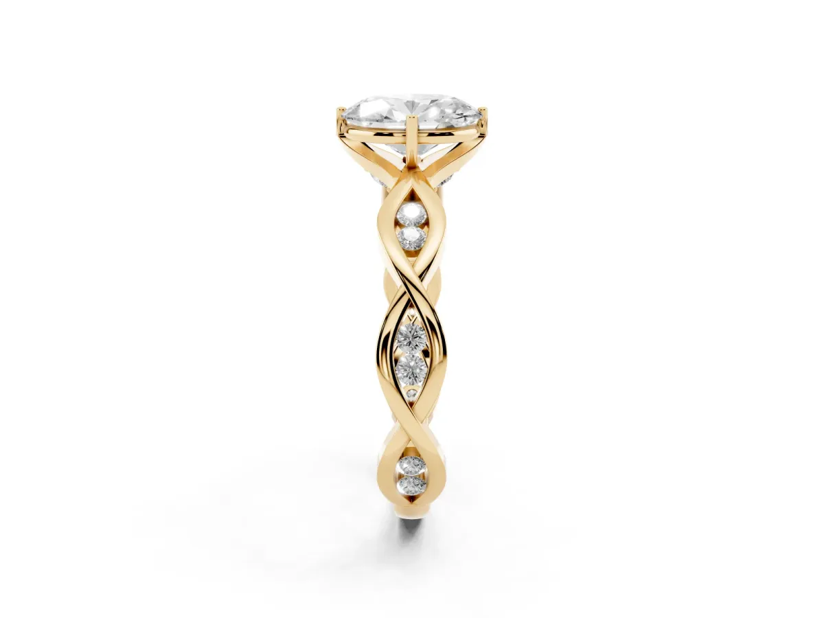 Oval Cut Solitaire Twist Band with Leaf Prong Setting Yellow gold