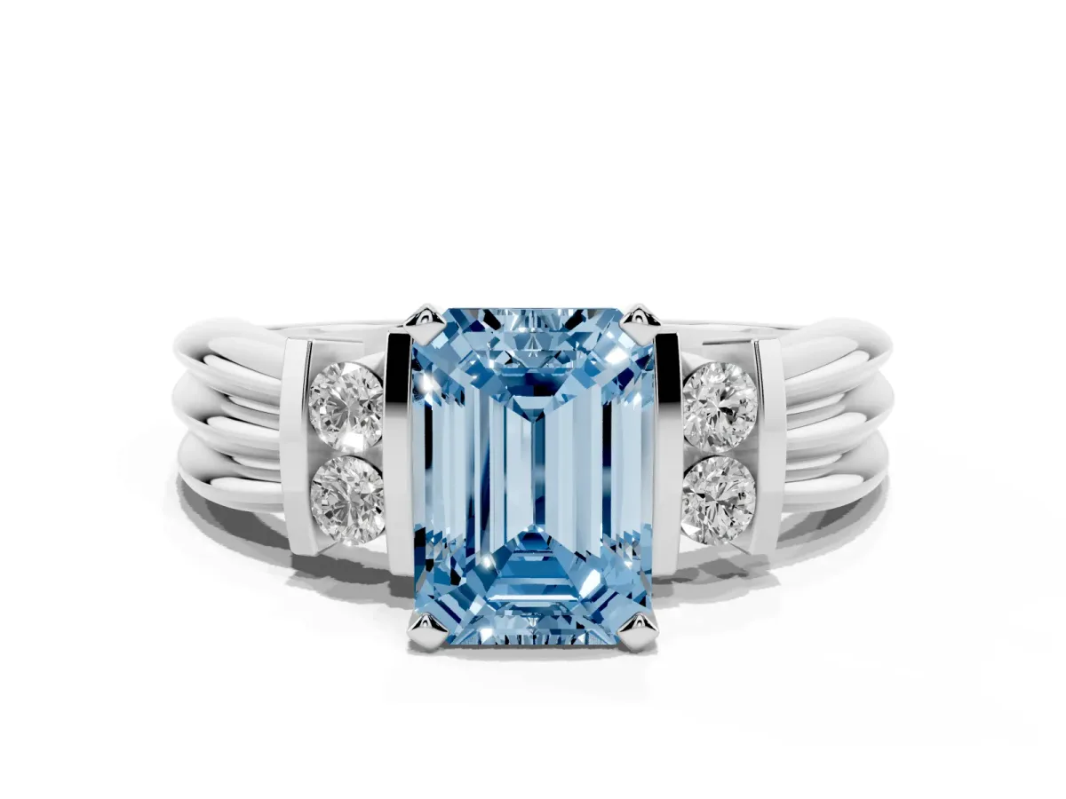 Fancy Blue Emerald Cut Cut Three-Stone Channel Set Ring with Bar Prongs Platinum