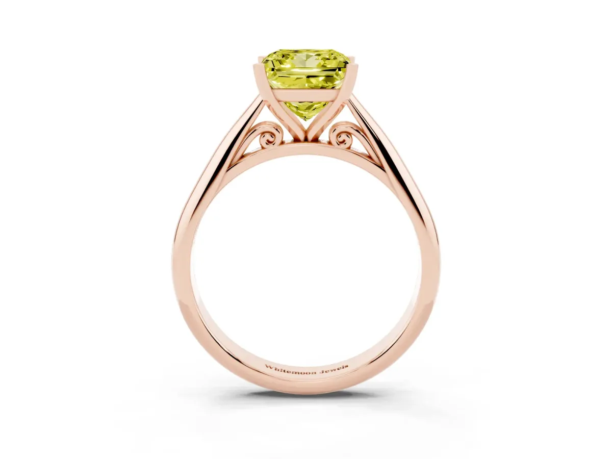 Fancy Yellow Princess Cut Diamond Solitaire Engagement Ring with Cathedral Setting and Four-Prong Mount Rose gold