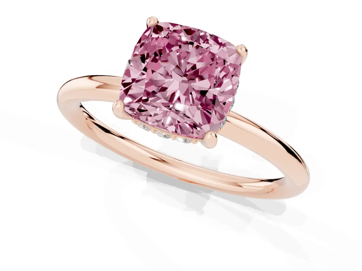 Fancy Pink Cushion Cut Solitaire Diamond Ring with a Classic Band and Four-Prong Setting Rose gold