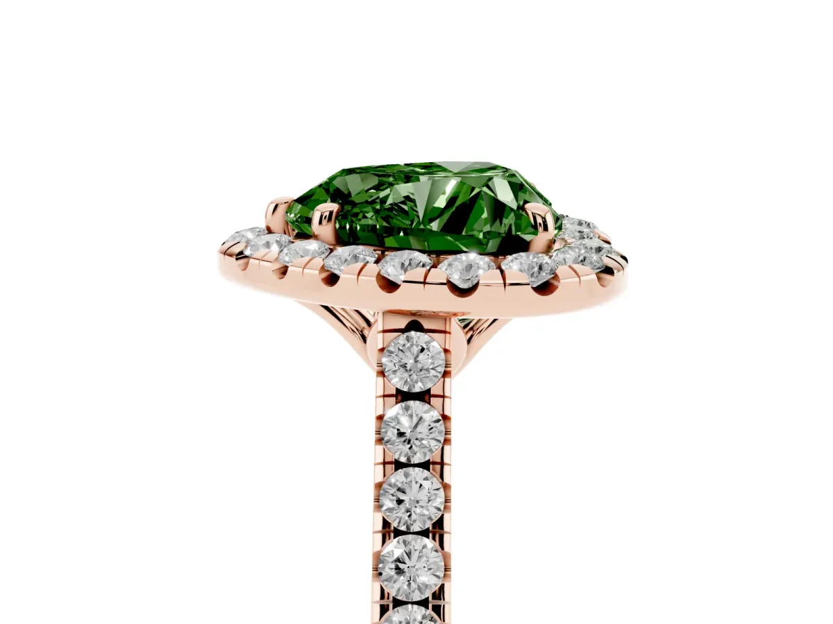Fancy Green Heart Cut Halo Pavé Diamond Engagement Ring with Four-Prong Setting Rose gold