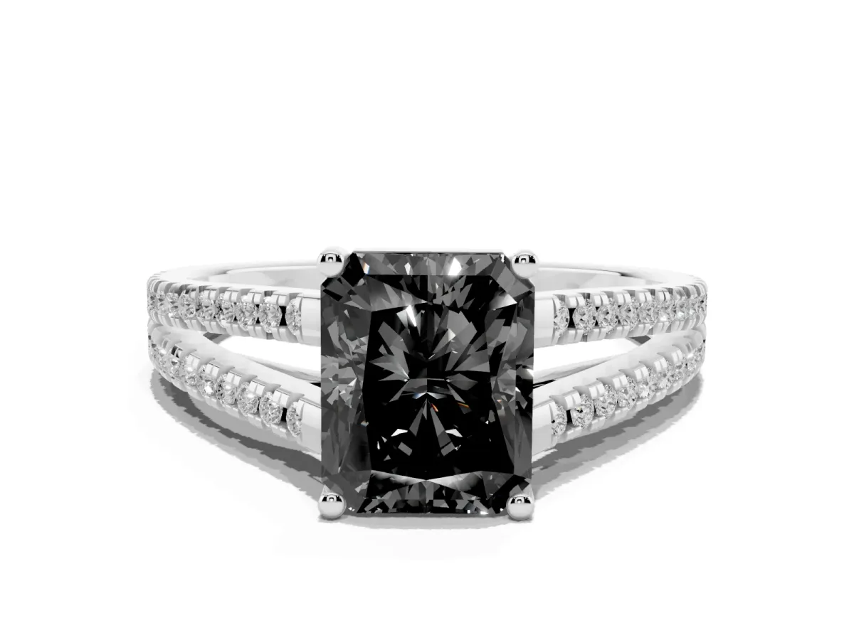 Fancy Black Radiant Cut Diamond Solitaire Engagement Ring with Split Shank Pavé Band Platinum