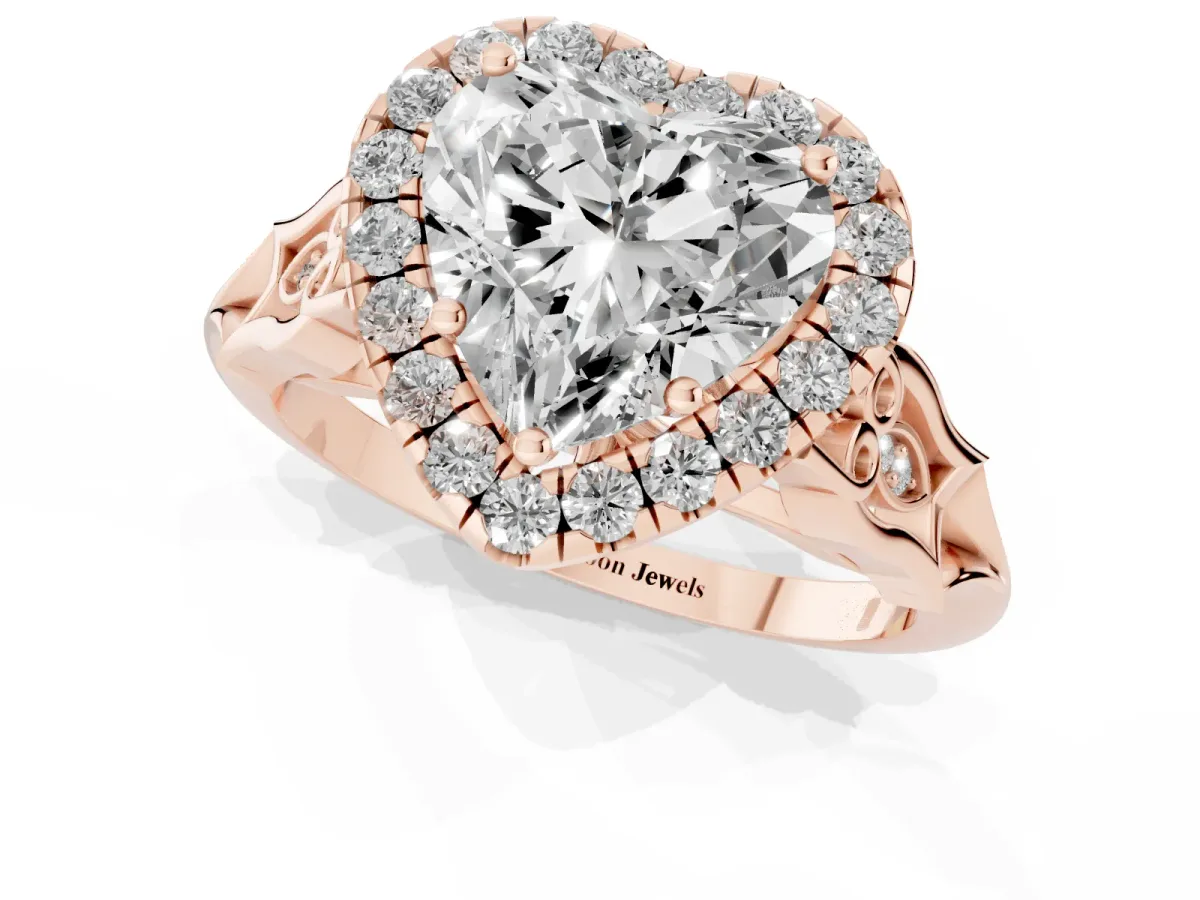 Heart Cut Halo Diamond Engagement Ring with Filigree Band and Four-Prong Setting Rose gold