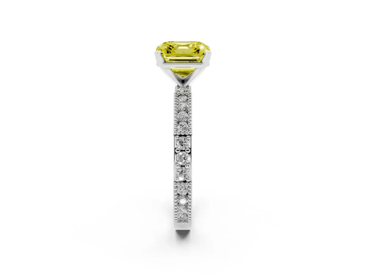 Fancy Yellow Asscher Cut Solitaire with Pavé Band and Four-Prong Setting Silver