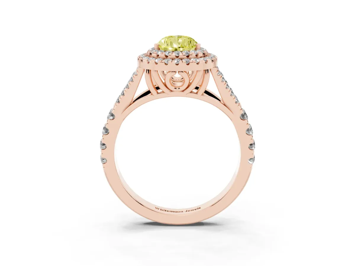 Fancy Yellow Pear Cut Cut Double Halo Split Shank Diamond Ring with Prong Setting Rose gold