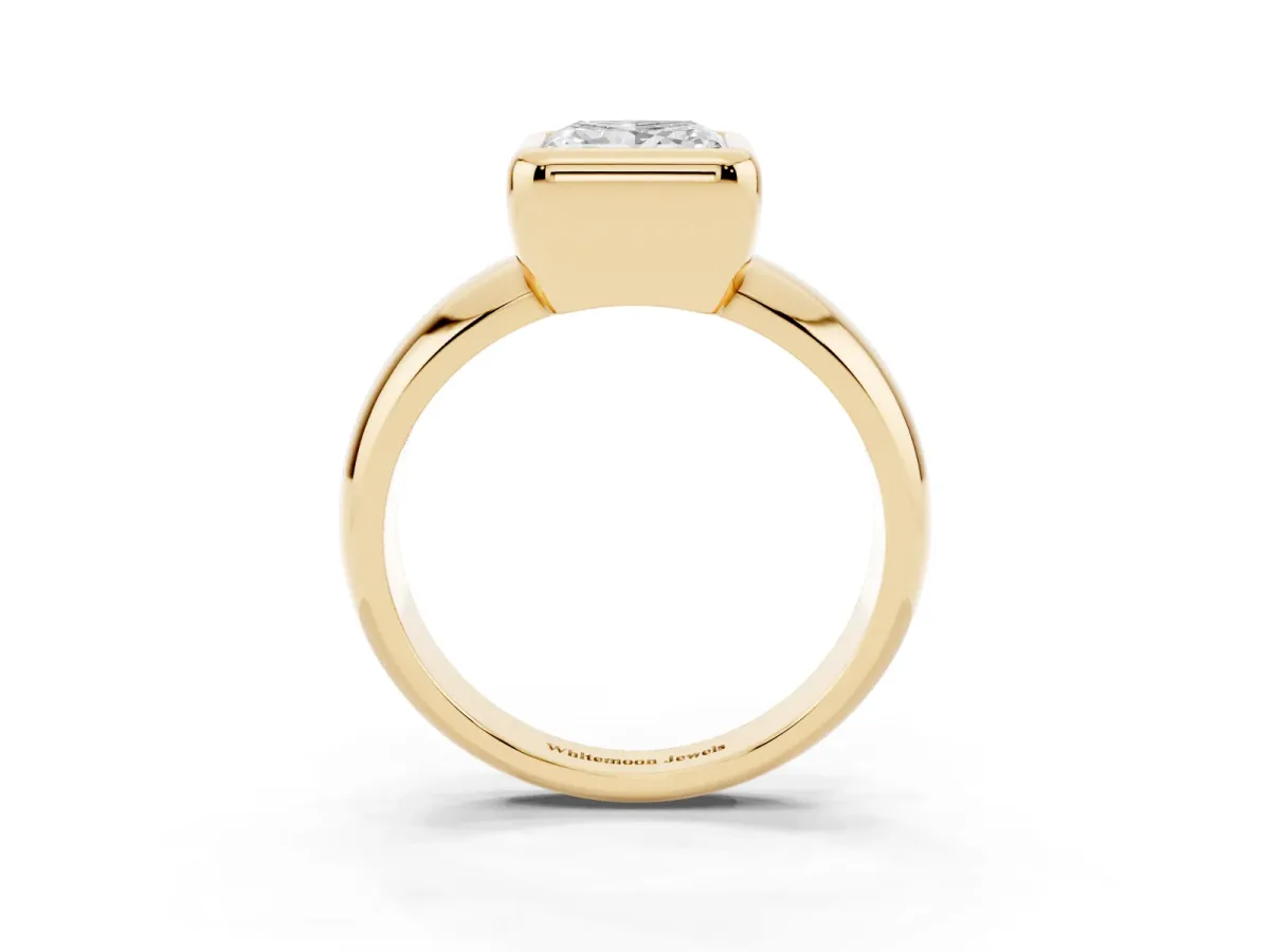 Bezel Set Princess Cut Solitaire Ring with Wide Band Yellow gold