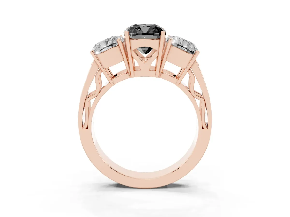 Fancy Black Cushion Cut Diamond Three-Stone Ring with Prong Setting and Textured Band Rose gold