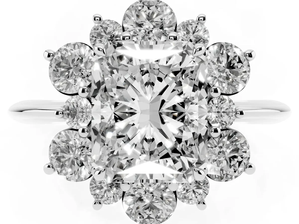 Radiant Cut Diamond Cluster Halo Ring with Solitaire Band and Four-Prong Setting Silver