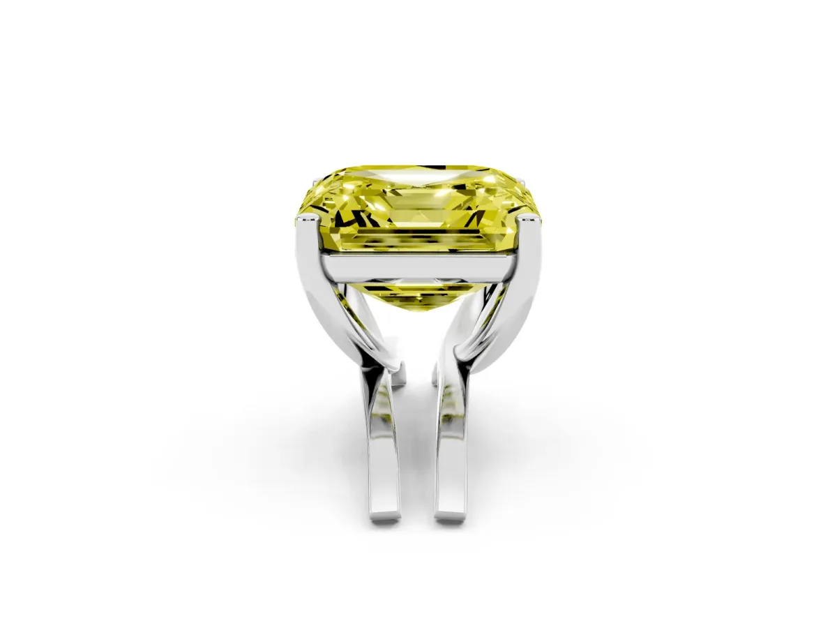 Fancy Yellow Asscher Cut Cut Diamond Solitaire Engagement Ring with Tapered Plain Band and Four-Prong Setting Silver