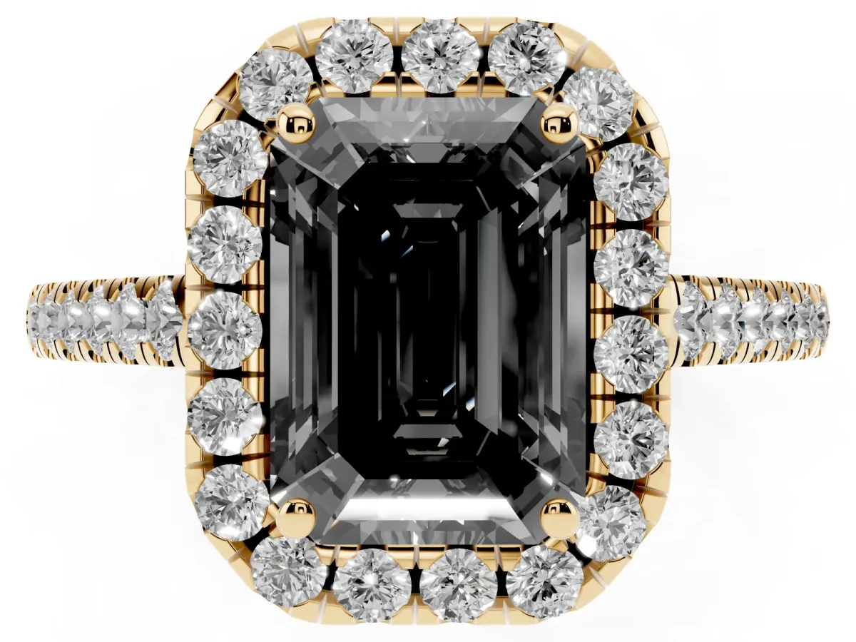 Fancy Black Emerald Cut Halo Pave Diamond Engagement Ring with Four-Prong Setting Yellow gold