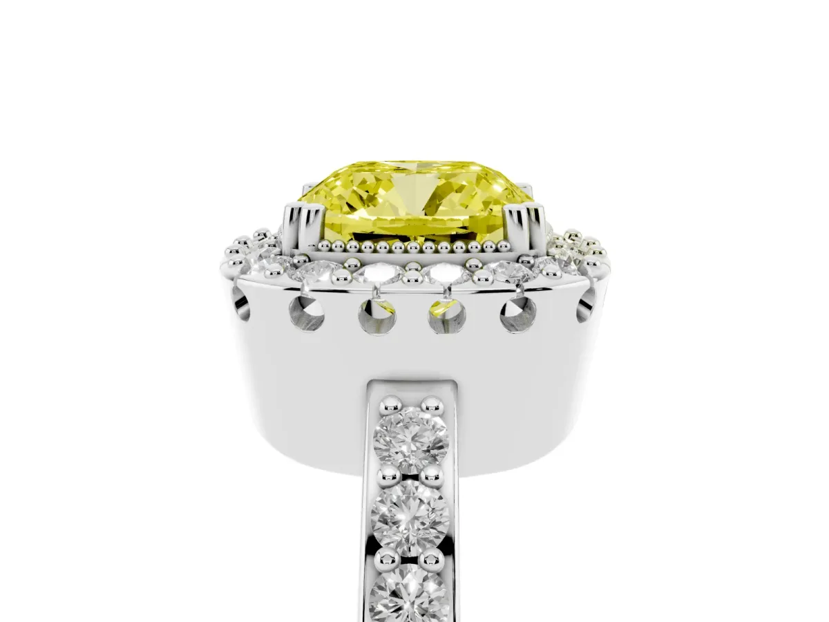 Fancy Yellow Cushion Cut Diamond Halo Ring with Pavé Band and Prong Setting Silver