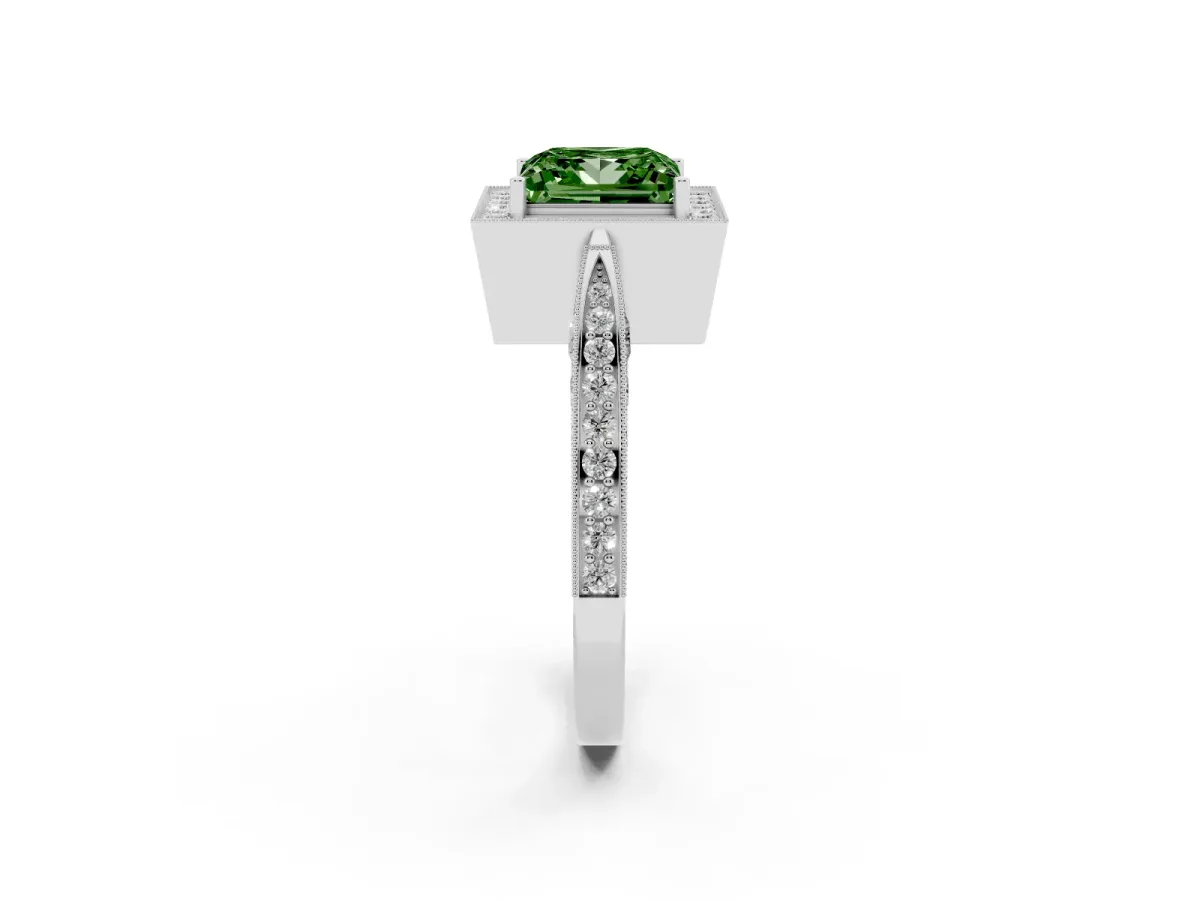 Fancy Green Princess Cut Halo Diamond Engagement Ring with Split Shank Band and Four-Prong Setting Silver