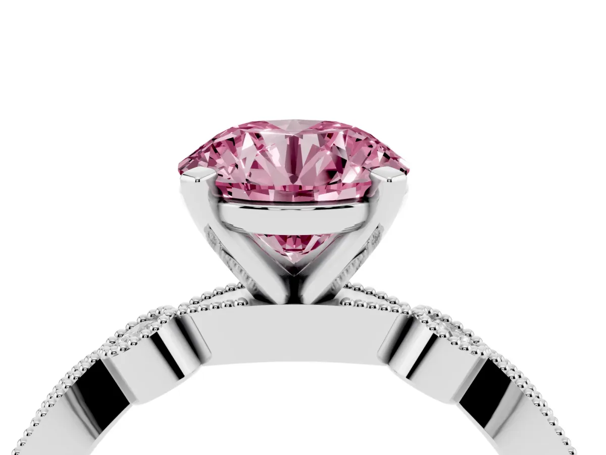 Fancy Pink Round Cut Milgrain Bezel Diamond Engagement Ring with Solitaire Prong Setting Silver