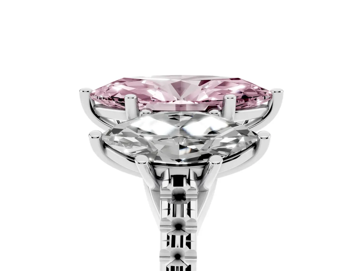 Fancy Pink Three-Stone Marquise Cut Diamond Ring with Round Pavé Band and Prong Setting Silver