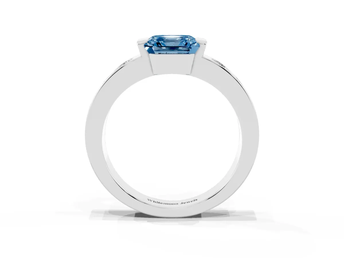 Fancy Blue Asscher Cut Brilliant Channel-Set Diamond Ring with Bezel Prong Setting Platinum