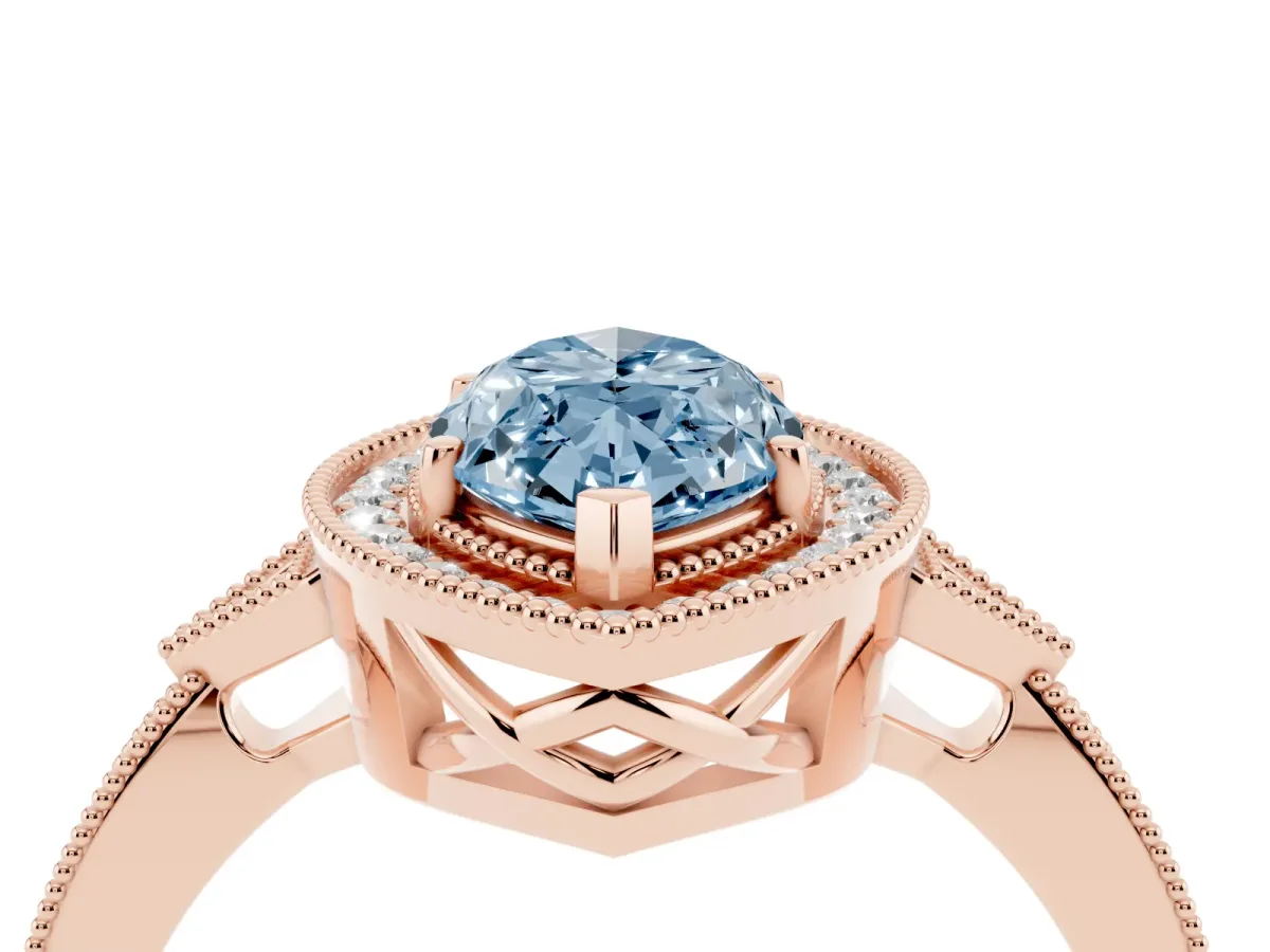 Fancy Blue Marquise Cut Halo Round Diamond Milgrain Pave Engagement Ring Rose gold