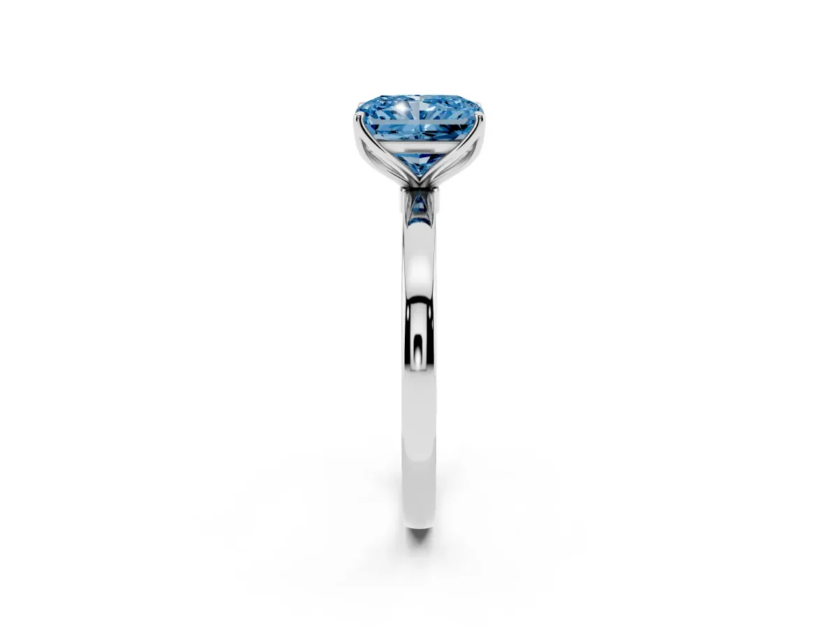 Fancy Blue Radiant Cut Diamond Solitaire Ring with Thin Band and Prong Setting White gold