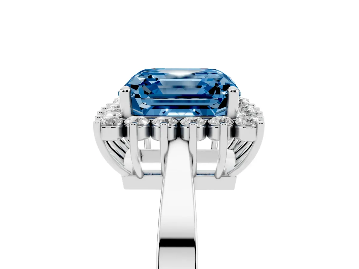 Fancy Blue Asscher Cut Cut Diamond Halo Ring with Round Brilliant Halo and Solitaire Band Silver