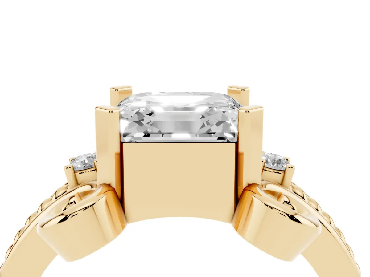 Asscher Cut Solitaire Twisted Band Scroll Prong Ring Yellow gold