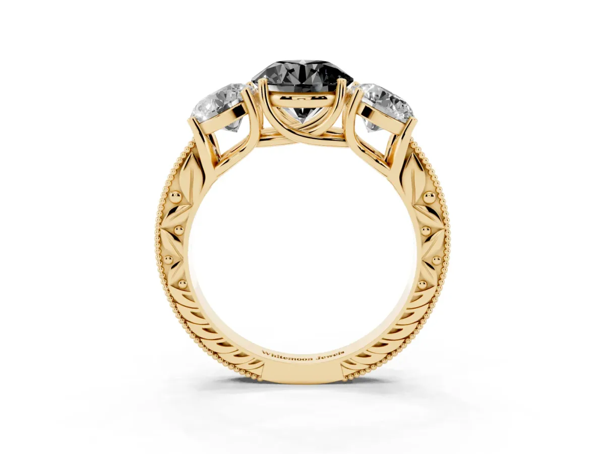 Fancy Black Three-Stone Round Cut Cut Milgrain Pavé Engagement Ring Yellow gold