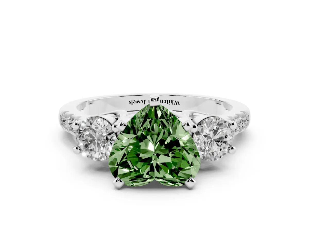 Fancy Green Three-Stone Heart Cut Diamond Pavé Band with Four-Prong Setting Silver
