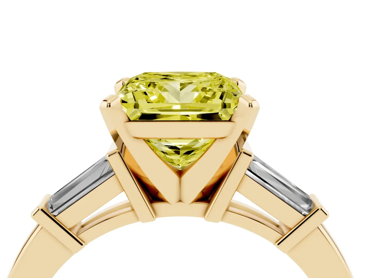 Fancy Yellow Princess Cut Cut Diamond Solitaire Ring with Tapered Baguette Accents and Four-Prong Setting Yellow gold