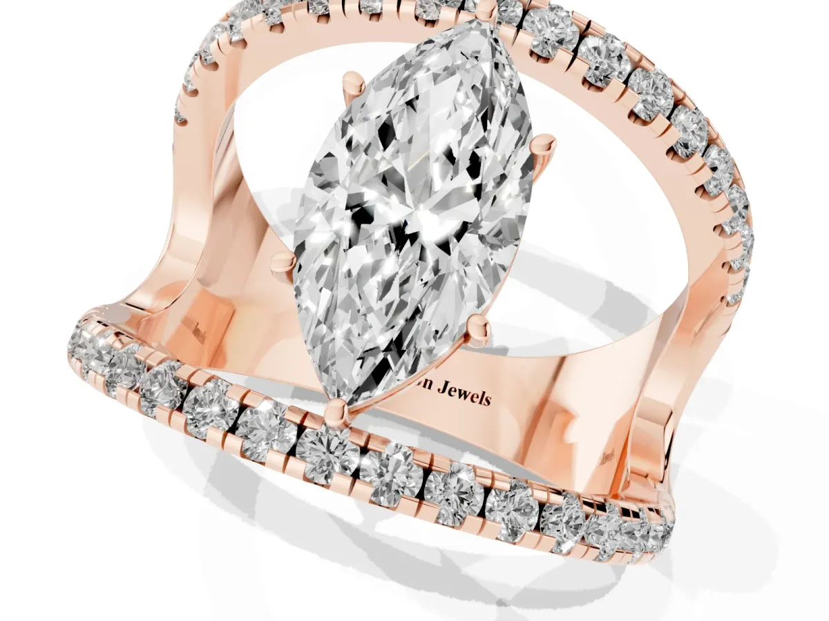 Marquise Cut Solitaire Split Shank Pave Diamond Ring Rose gold
