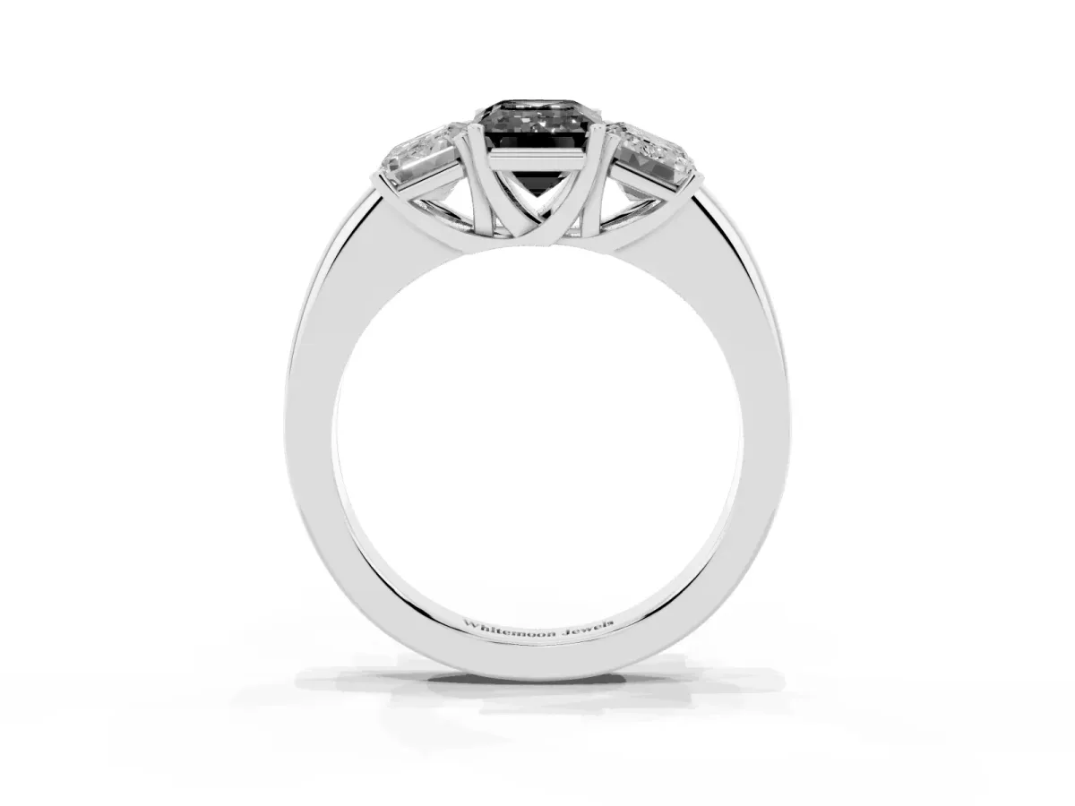 Fancy Black Emerald Cut Diamond Three-Stone Ring with Four-Prong Setting and Classic Band Silver