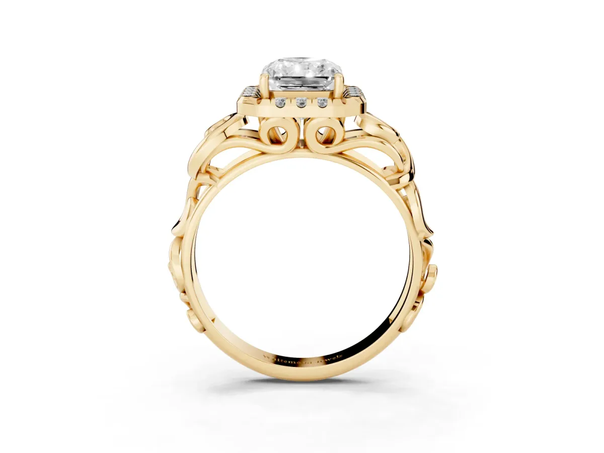 Radiant Cut Cut Halo Diamond Ring with Scrollwork Band and Four-Prong Setting Yellow gold