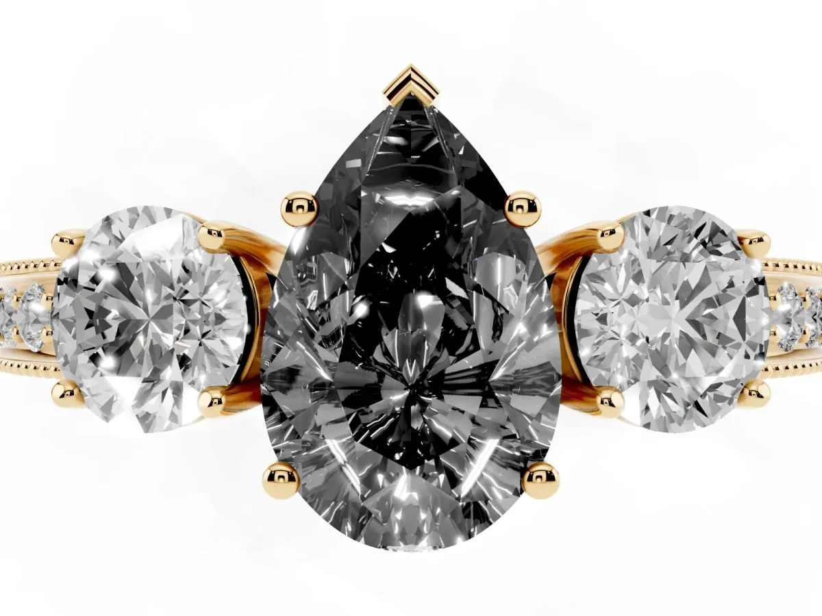 Fancy Black Pear Cut Three-Stone Diamond Ring with Pavé Band and Four-Prong Setting Yellow gold