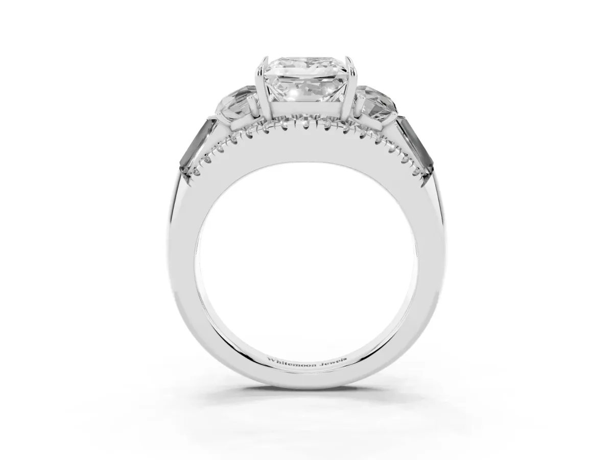 Three-Stone Princess Cut Diamond Engagement Ring with Pave Band and Prong Setting Silver