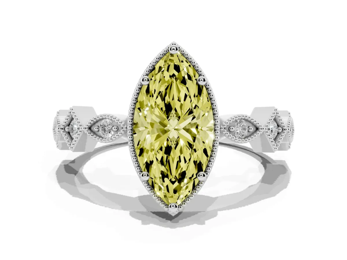 Fancy Yellow Marquise Cut Milgrain Marquise Diamond Twist Band Ring Silver
