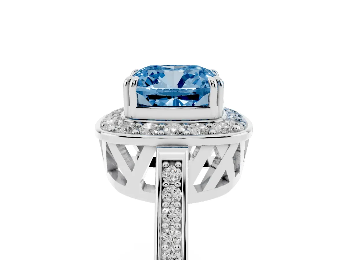 Fancy Blue Cushion Cut Diamond Halo Ring with Split Shank and Four-Prong Setting Silver