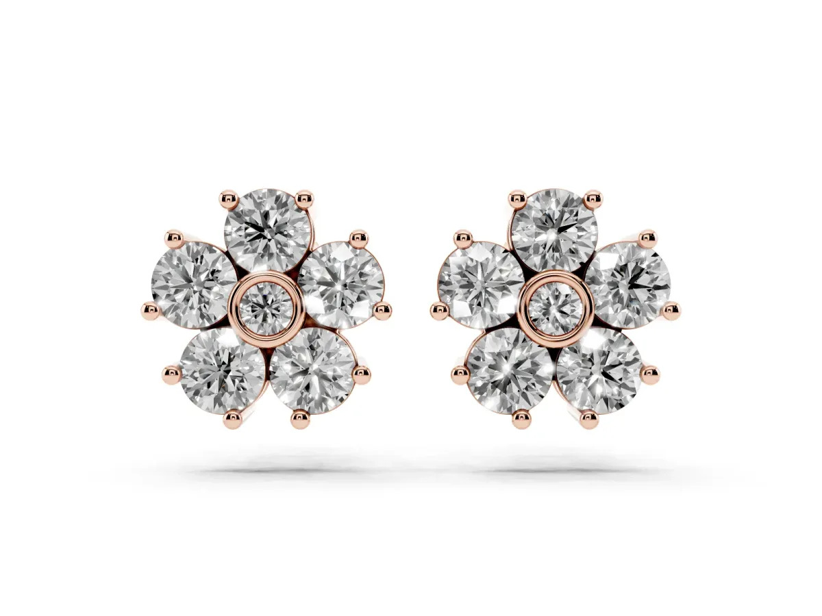 Round Diamond Flower Stud Earrings with Diamond Accent Rose gold