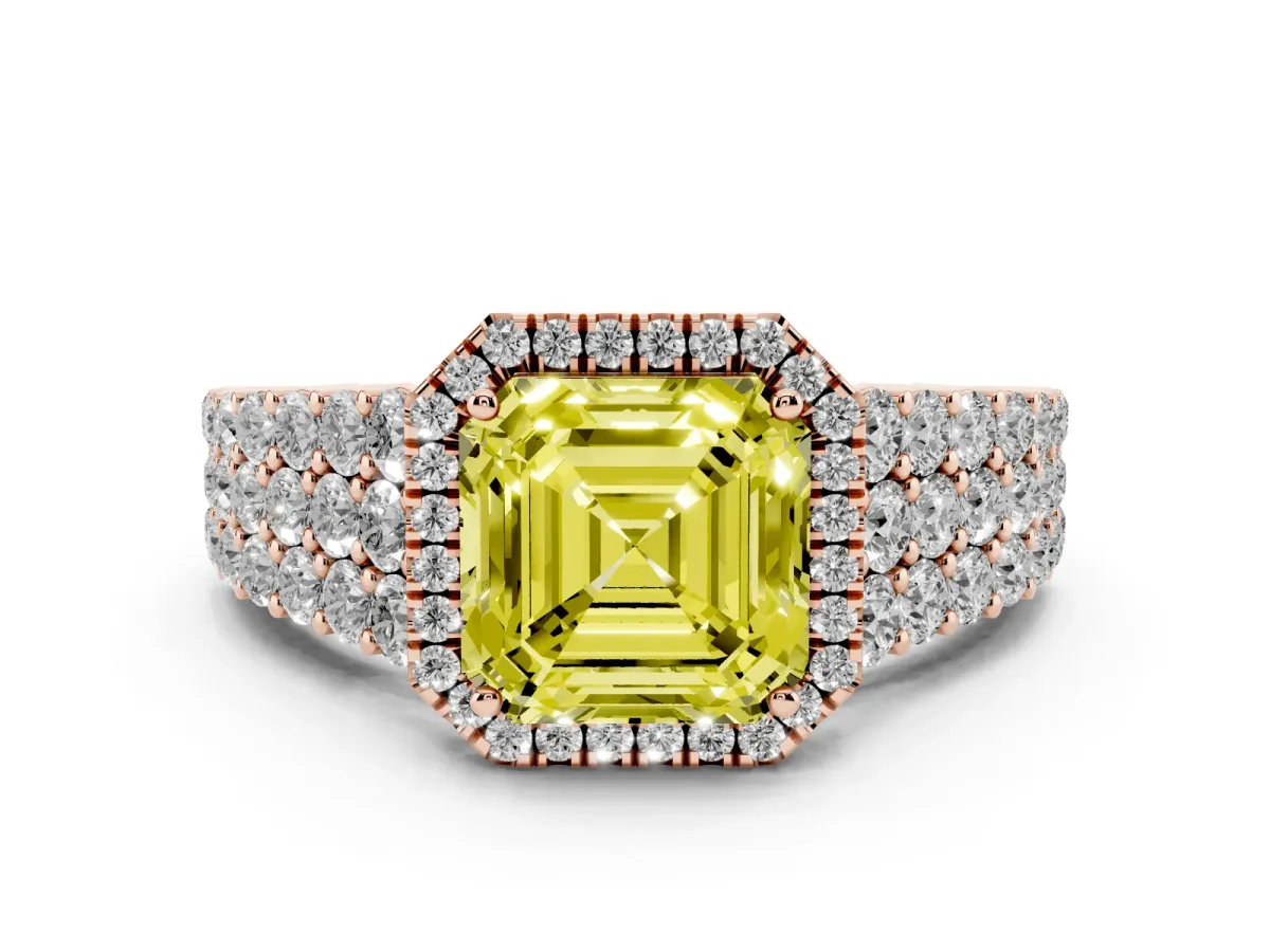 Fancy Yellow Asscher Cut Diamond Halo Engagement Ring with Triple Row Round Pavé Band and Prong Setting Rose gold