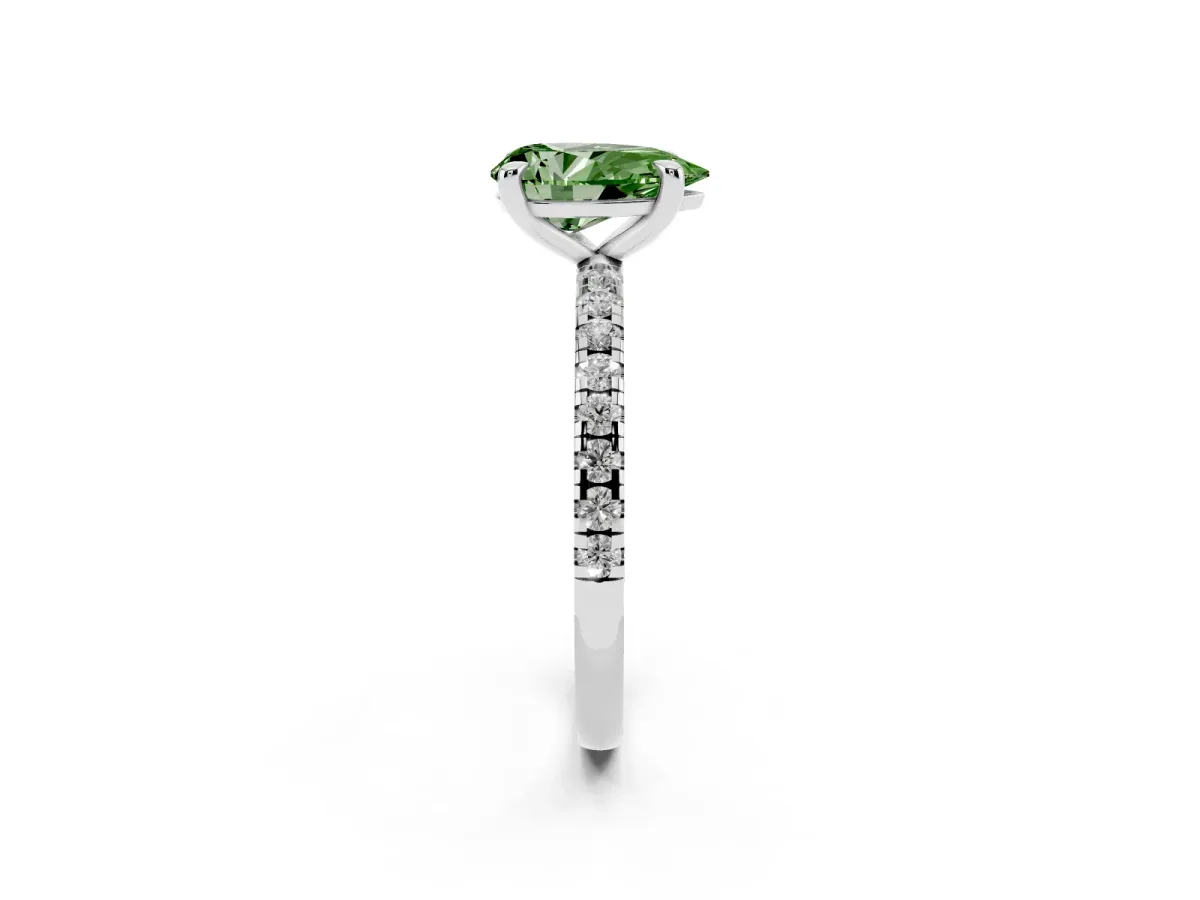 Fancy Green Pear Cut Diamond Brilliant Solitaire Ring with Pavé Band and Four-Prong Setting White gold