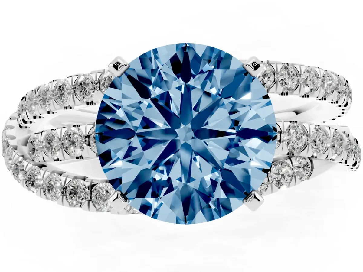 Fancy Blue Round Cut Solitaire Twist Band with Pavé Setting and Four-Prong Setting Silver