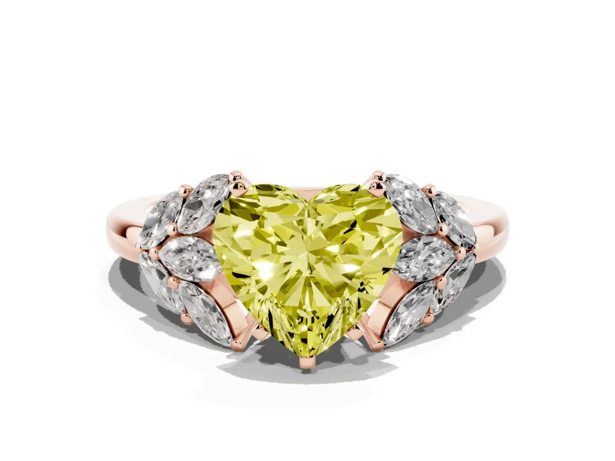 Fancy Yellow Heart Cut Diamond Cluster Leaf Design Ring with Prong Setting Rose gold