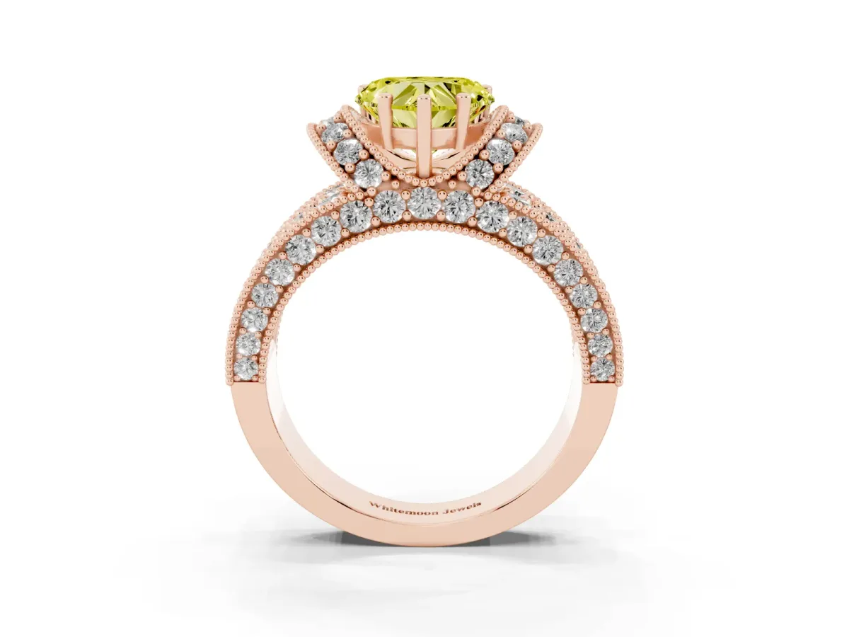 Fancy Yellow Heart Cut Halo Pave Diamond Engagement Ring with Milgrain Detailing Rose gold