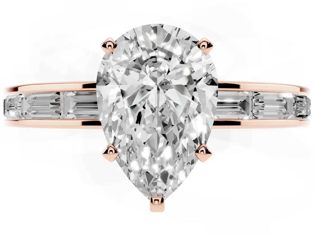 Pear Cut Solitaire Diamond Ring with Channel-Set Baguette Band and Four-Prong Setting Rose gold