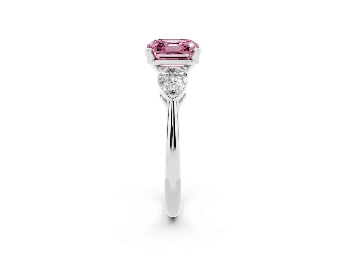 Fancy Pink Three-Stone Asscher Cut Diamond Ring with Pear Side Stones and Four-Prong Setting Silver