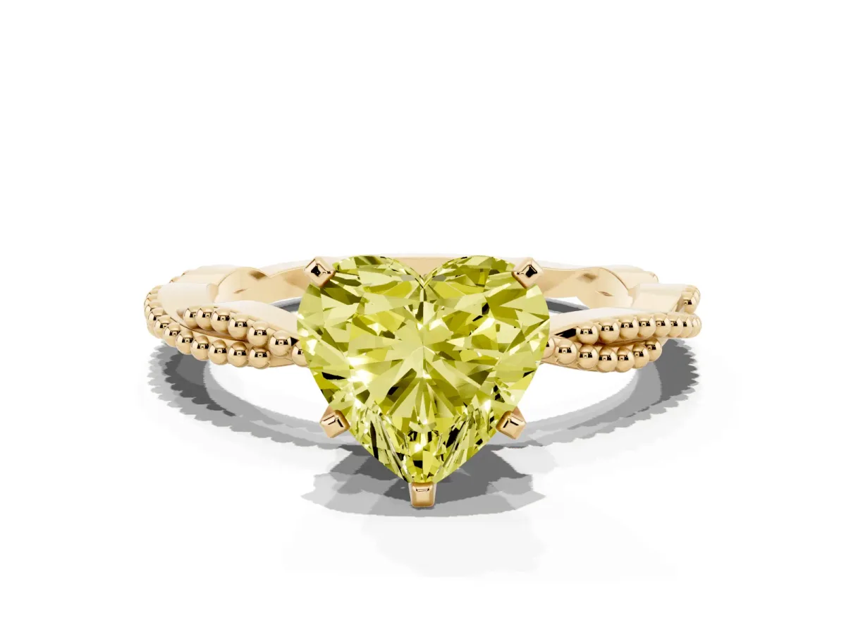 Fancy Yellow Heart Cut Solitaire Twisted Band with Bead Prong Setting Yellow gold