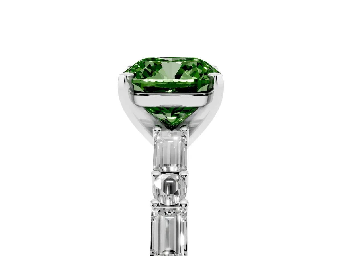 Fancy Green Cushion Cut Diamond Solitaire with Side Baguettes and Channel Set Band Silver